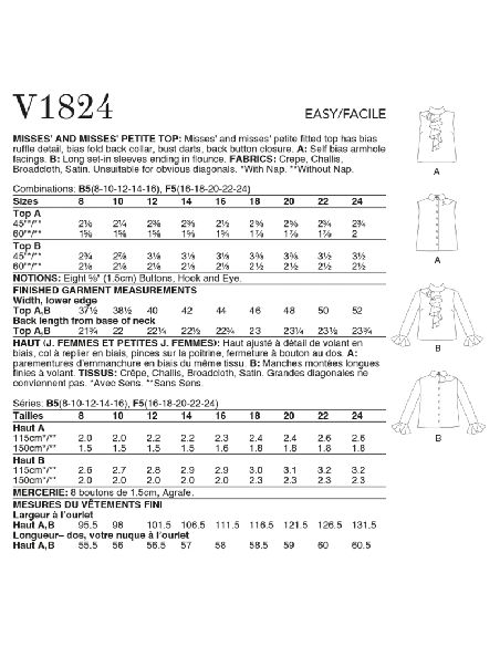 Patron Vogue 1824 B5 - Top femme cintré avec col montant et jabot frontal