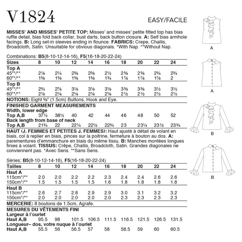 Patron Vogue 1824 F5 - Top femme cintré avec col montant et jabot frontal