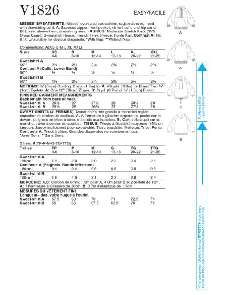 Patron Vogue 1826 A - Sweat femme ample à manches raglan avec capuche