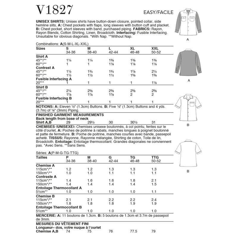 Patron Vogue 1827 A - Chemise unisexe à poches poitrine