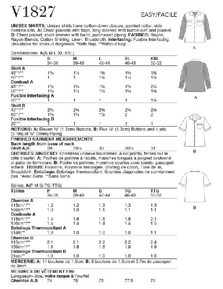 Patron Vogue 1827 A - Chemise unisexe à poches poitrine