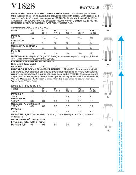 Patron Vogue 1828 A - Jogger à taille élastiquée avec poches avant