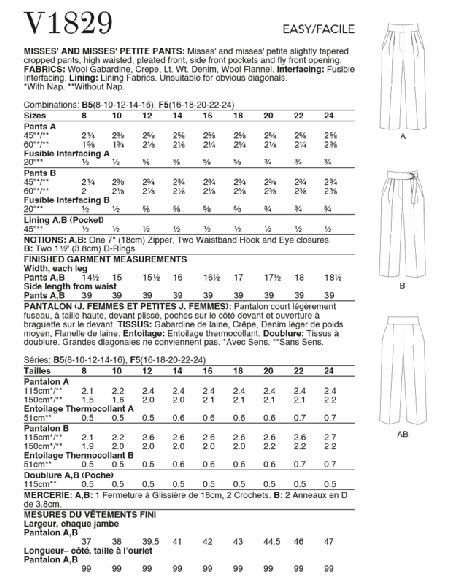 Patron Vogue 1829 F5 - Pantalon femme taille haute avec plis frontaux