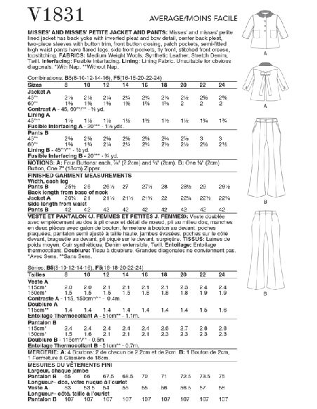 Patron Vogue 1831 F5 - Ensemble femme : blazer court et pantalon large