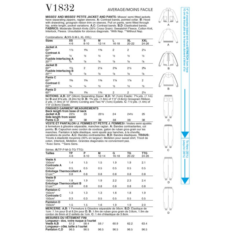 Patron Vogue 1832 A - Ensemble femme : blouson à fermeture éclair et jogger