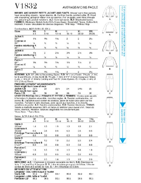 Patron Vogue 1832 A - Ensemble femme : blouson à fermeture éclair et jogger