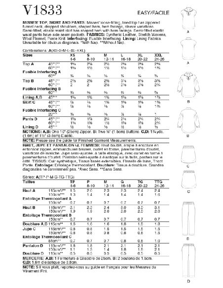 Patron Vogue 1833 A - Ensemble femme : top, chemise, jupe et pantalon