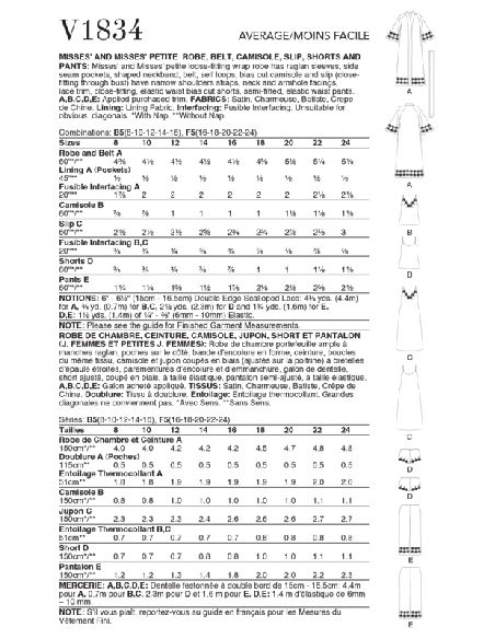 Patron Vogue 1834 B5 - Ensemble lingerie femme : peignoir, nuisette, short et robe