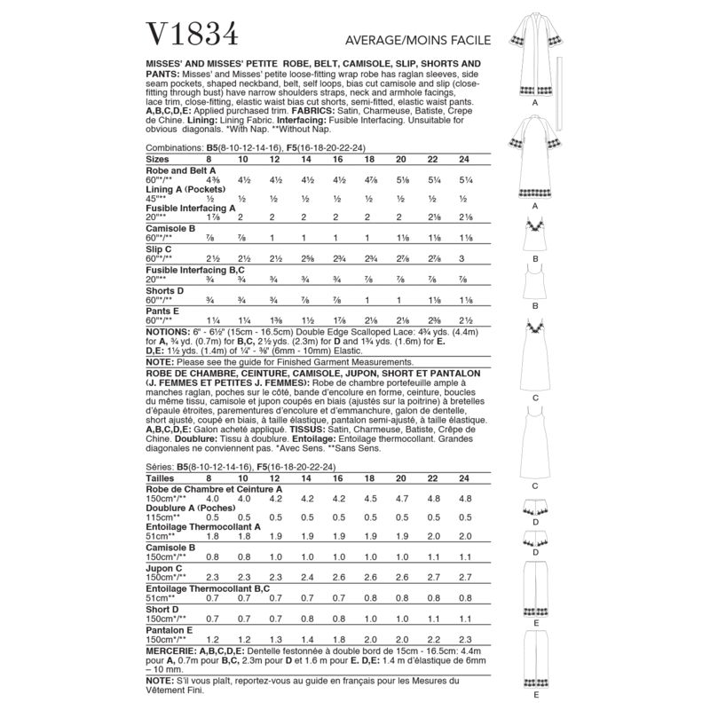 Patron Vogue 1834 F5 - Ensemble lingerie femme : peignoir, nuisette, short et robe