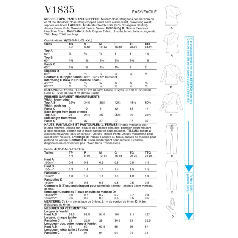 Patron Vogue 1835 A - Ensemble femme lounge : top, pantalon et chaussons