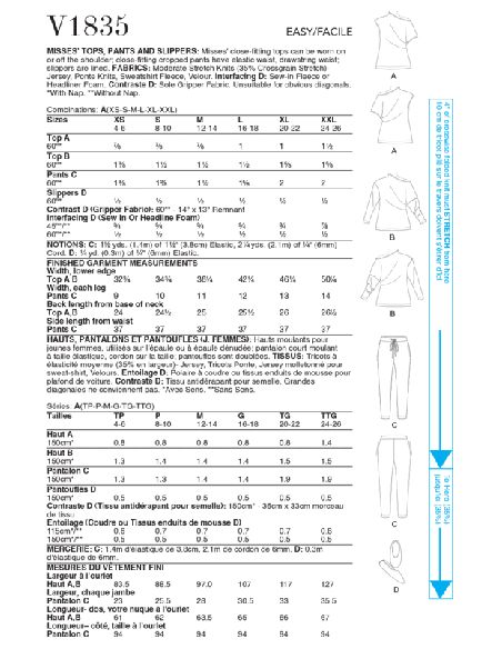 Patron Vogue 1835 A - Ensemble femme lounge : top, pantalon et chaussons