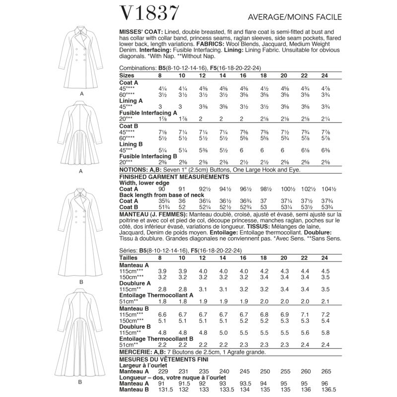 Patron Vogue 1837 F5 - Manteau femme croisé façon redingote