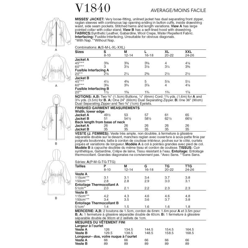 Patron Vogue 1840 A - Veste femme zippée à manches raglan et taille resserrée