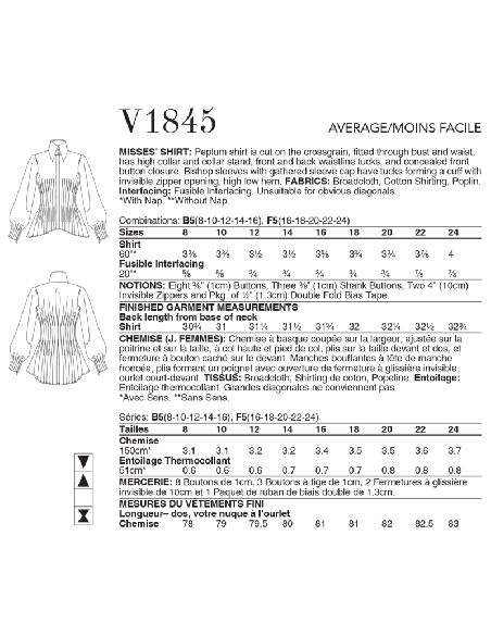 Patron Vogue 1845 F5 - Chemisier à plis, col montant et manches volumineuses
