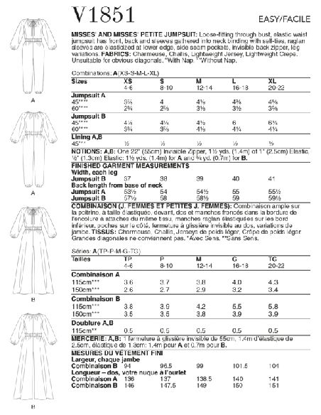 Patron Vogue 1851 A - Combinaison avec noeud au décolleté, taille resserrée et variations de pantalon