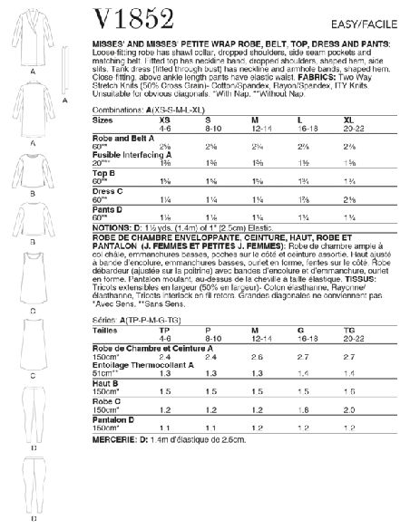 Patron Vogue 1852 A - Ensemble : robe, top, tunique et legging
