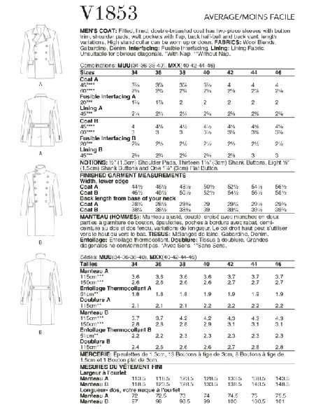Patron Vogue 1853 MXX - Manteau homme style caban croisé
