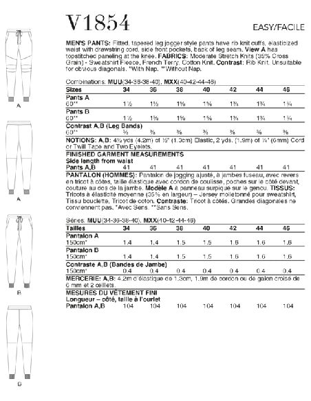 Patron Vogue 1854 MXX - Pantalon homme pour jogging