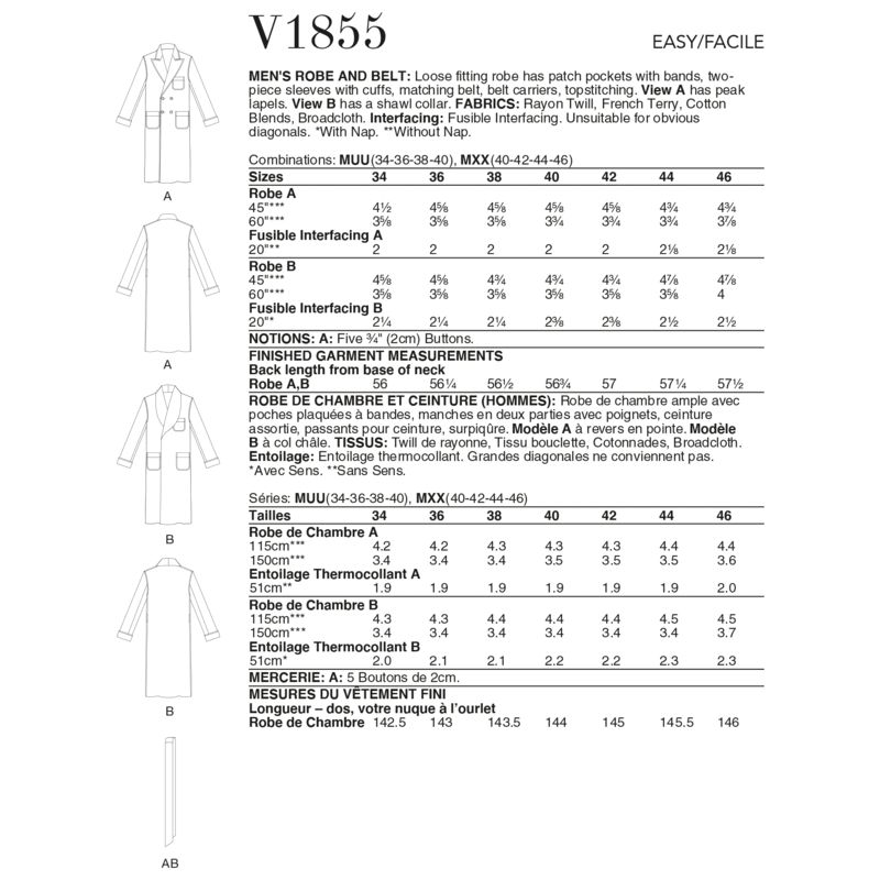Patron Vogue 1855 MXX - Robe de chambre homme croisée à ceinture