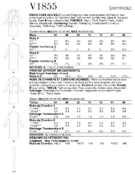 Patron Vogue 1855 MXX - Robe de chambre homme croisée à ceinture