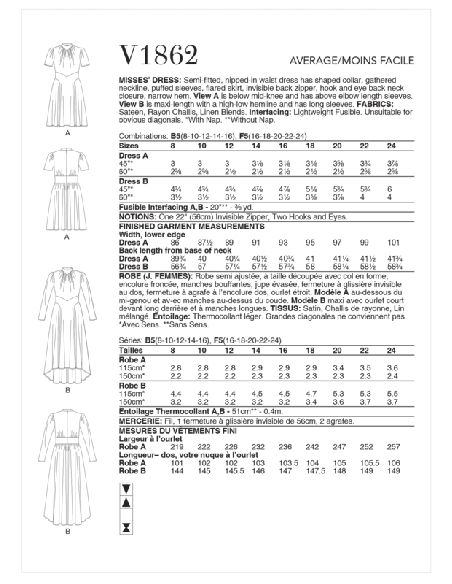 Patron Vogue 1862 B5 - Robe cintrée à la taille avec encolure froncée et manches bouffantes