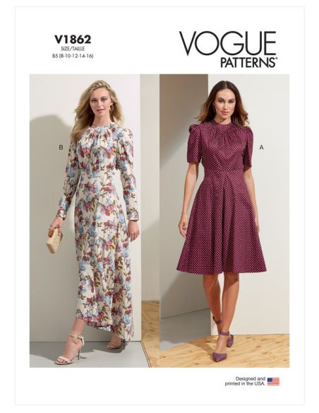 Patron Vogue 1862 B5 - Robe cintrée à la taille avec encolure froncée et manches bouffantes