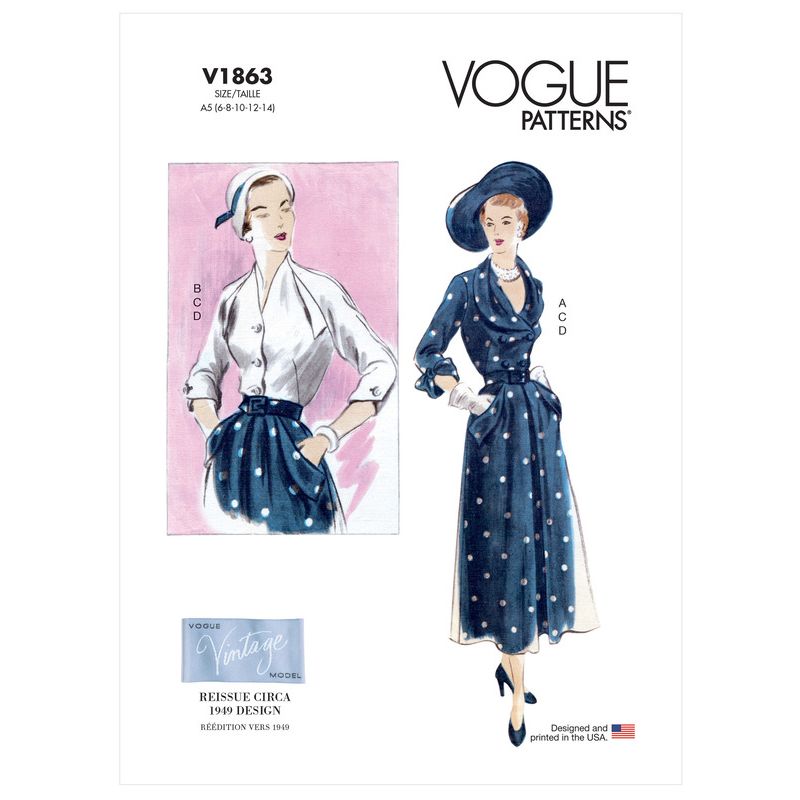 Patron Vogue 1863 A5 - Ensemble rétro : blouse, ceinture et jupe évasée