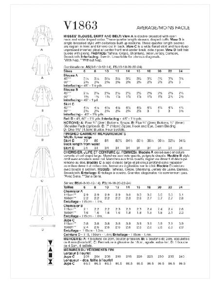 Patron Vogue 1863 A5 - Ensemble rétro : blouse, ceinture et jupe évasée