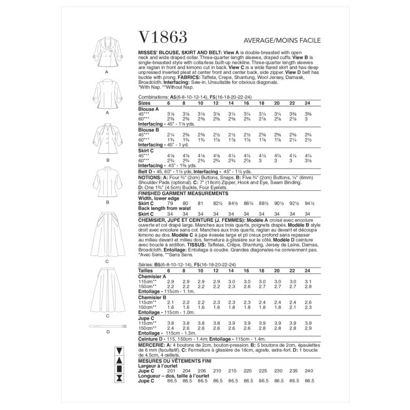 Patron Vogue 1863 F5 - Ensemble rétro : blouse, ceinture et jupe évasée