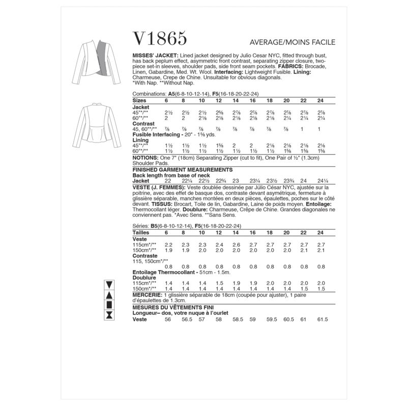 Patron Vogue 1865 F5 - Veste courte à fermeture zippée asymétrique