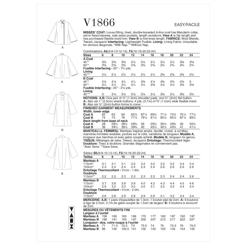 Patron Vogue 1866 F5 - Manteau femme évasé à double boutonnage avec manches larges