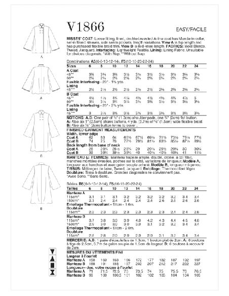 Patron Vogue 1866 F5 - Manteau femme évasé à double boutonnage avec manches larges