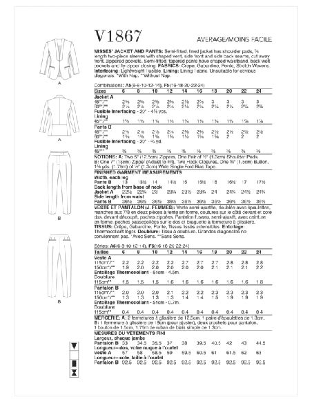 Patron Vogue 1867 A5 - Ensemble blazer et pantalon pour femme