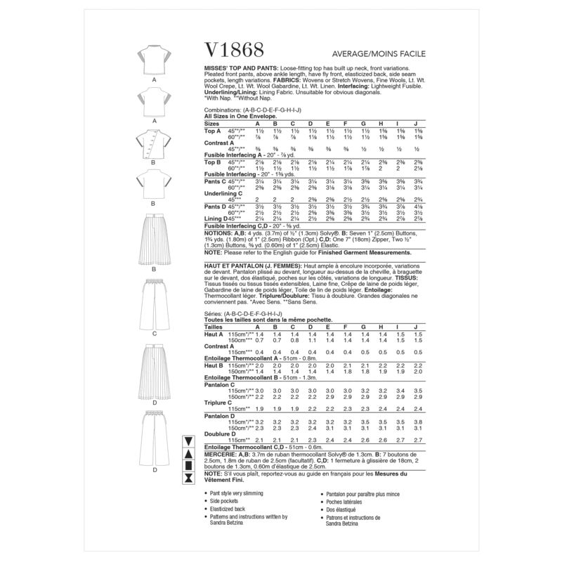Patron Vogue 1868 A - Ensemble top ample et pantalon plissé évasé