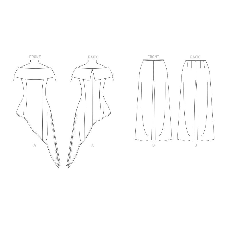 Patron Vogue 1869 B5 - Ensemble de soirée : Top à épaules dénudées et bas asymétrique accompagné d'un pantalon large