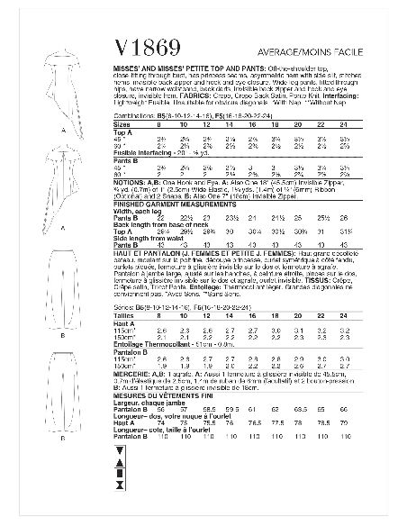 Patron Vogue 1869 B5 - Ensemble de soirée : Top à épaules dénudées et bas asymétrique accompagné d'un pantalon large