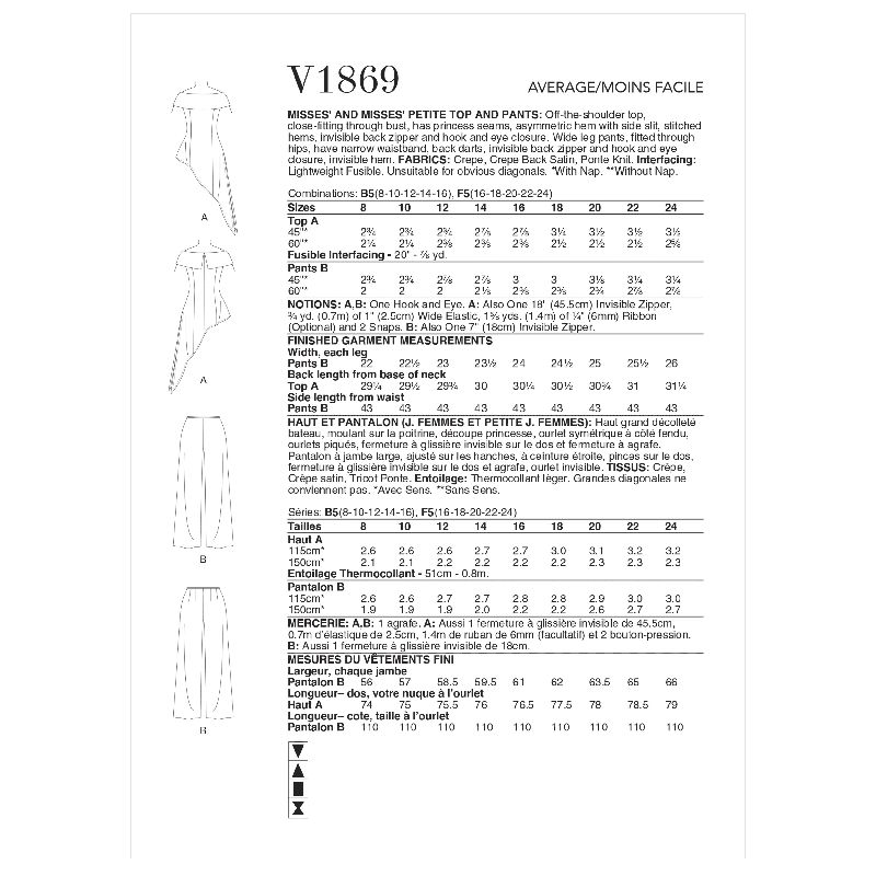 Patron Vogue 1869 F5 - Ensemble de soirée : Top à épaules dénudées et bas asymétrique accompagné d'un pantalon large