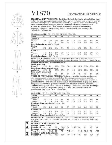 Patron Vogue 1870 B5 - Ensemble veste et pantalon