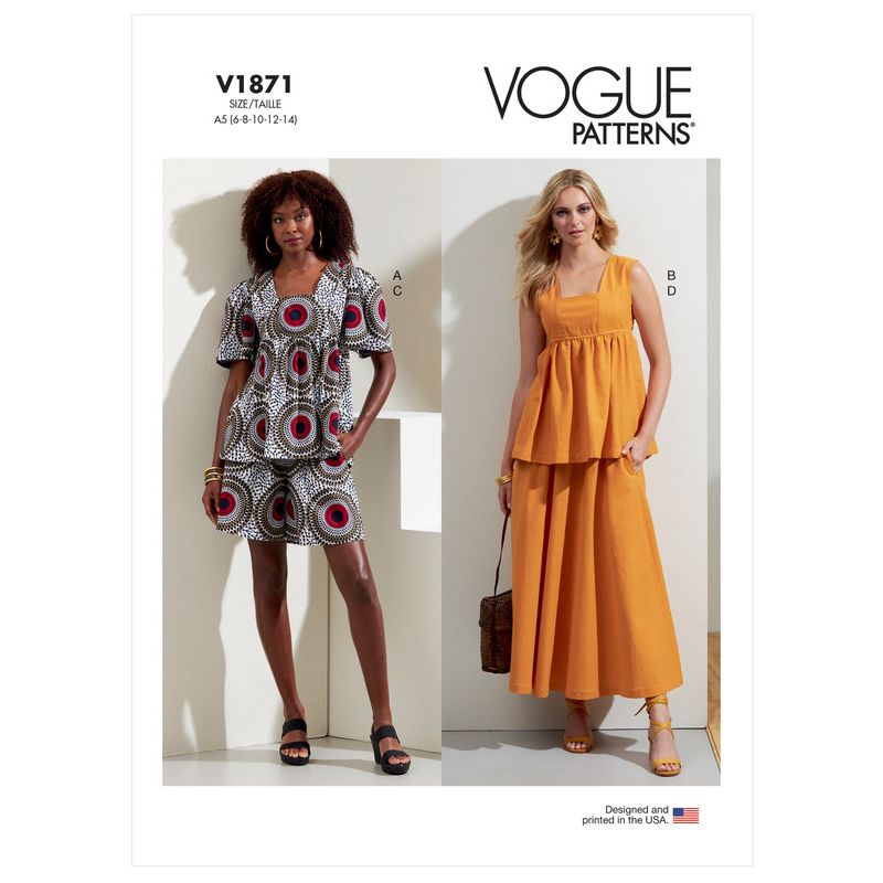 Patron Vogue 1871 A5 - Ensemble comprenant un top, un short et une jupe à élastique