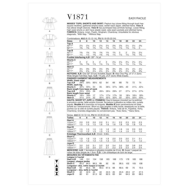 Patron Vogue 1871 F5 - Ensemble comprenant un top, un short et une jupe à élastique