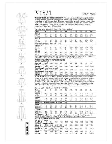 Patron Vogue 1871 F5 - Ensemble comprenant un top, un short et une jupe à élastique