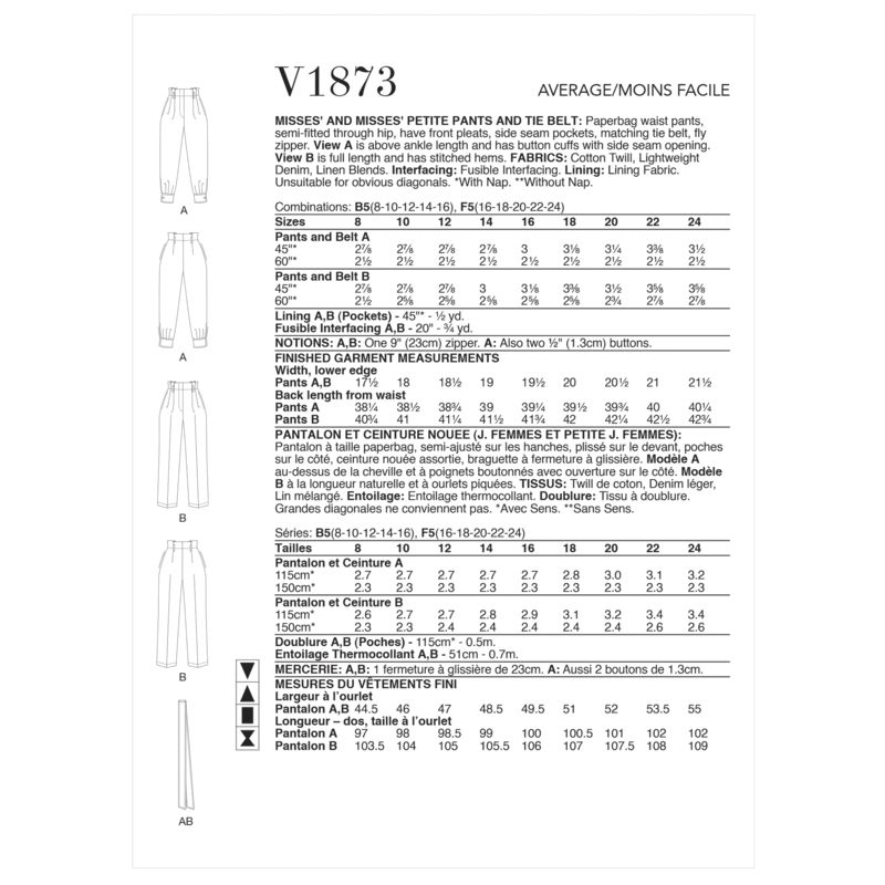 Patron Vogue 1873 F5 - Pantalon taille haute paperbag à plis