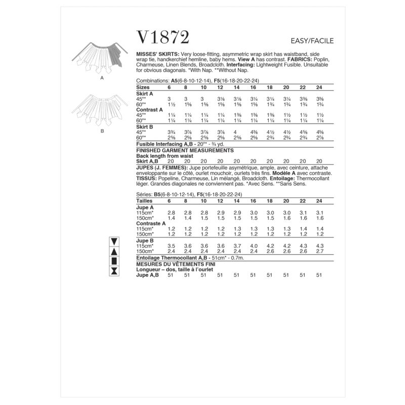 Patron Vogue 1872 F5 - Jupe portefeuille à pans asymétriques.