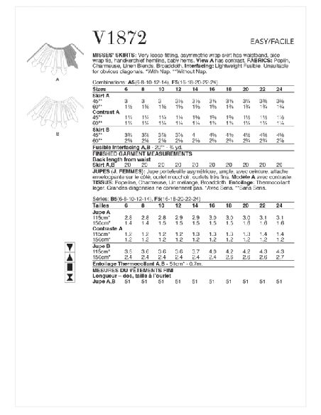 Patron Vogue 1872 A5 - Jupe portefeuille à pans asymétriques.