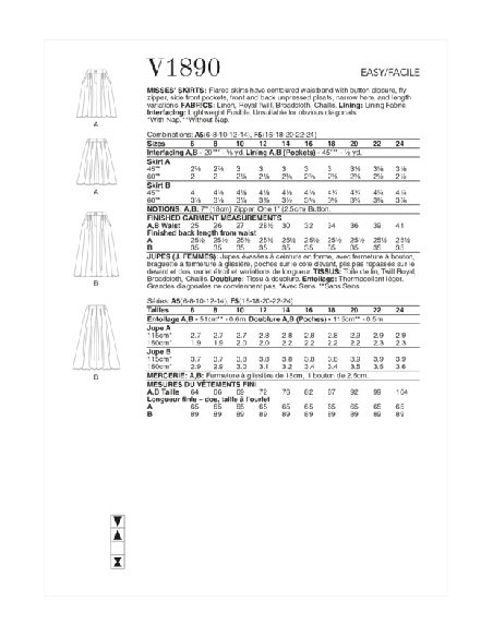 Patron Vogue 1890 A5 - Jupes évasées avec ceinture en forme