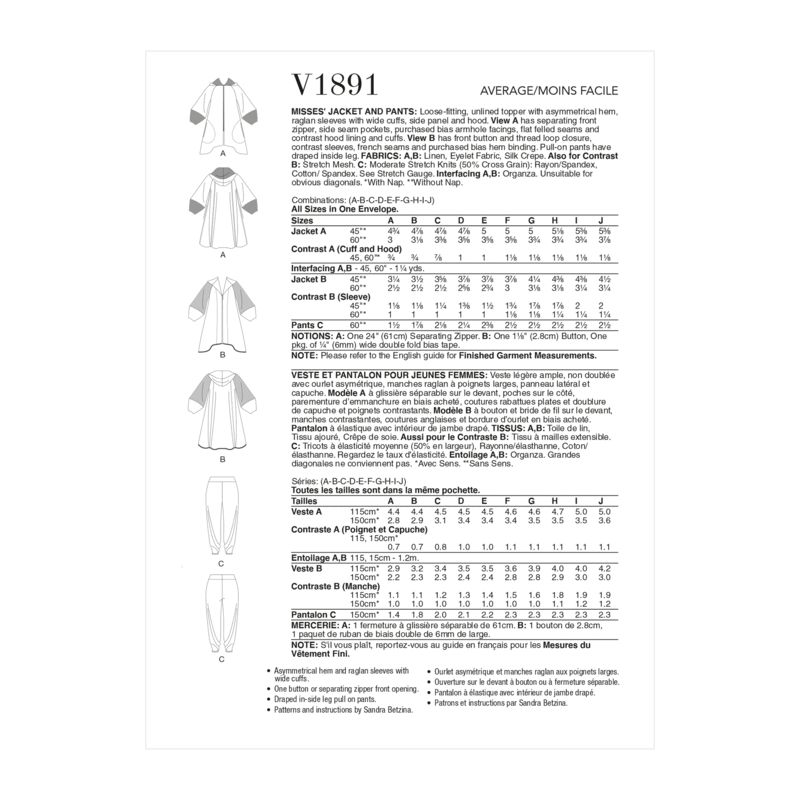 Patron Vogue 1891 A - Veste légère ample