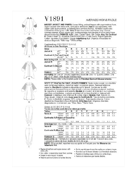 Patron Vogue 1891 A - Veste légère ample