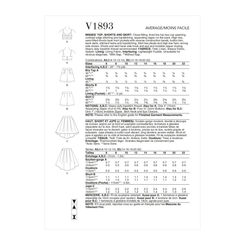 Patron Vogue 1893 A5 - Haut, short et jupe
