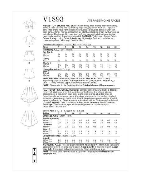 Patron Vogue 1893 A5 - Haut, short et jupe