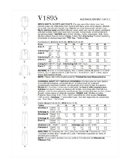 Patron Vogue 1895 MUU - Chemise, short et pantalon pour homme